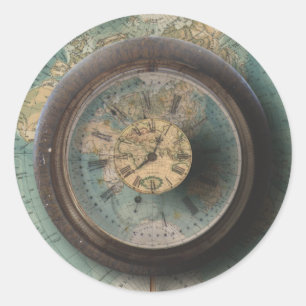 Sticker Rond Timepiece Carte du monde Horloge Steampunk