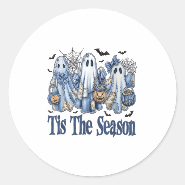 Sticker Rond Tis Season Blue Patchwork Ghost Citrouille Éffraya (Devant)