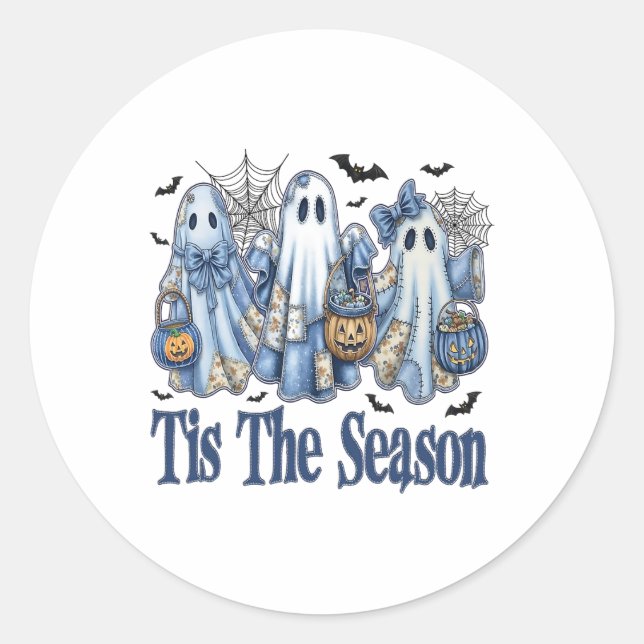 Sticker Rond Tis Season Blue Patchwork Ghost Citrouille Éffraya (Devant)