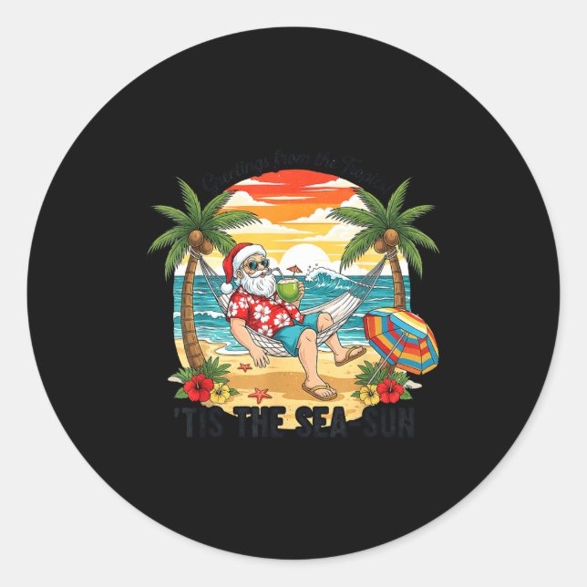 Sticker Rond Tis The Sea-sun Christmas In July Hawaii Santa Bea (Devant)