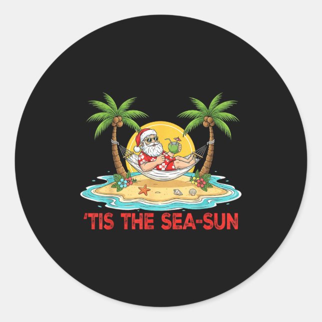 Sticker Rond Tis The Sea-sun Santa Beach Vibes Christmas In Jul (Devant)