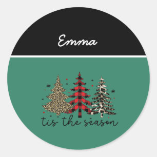 Sticker Rond "Tis the Season" Plaid Leopard Christmas Trees