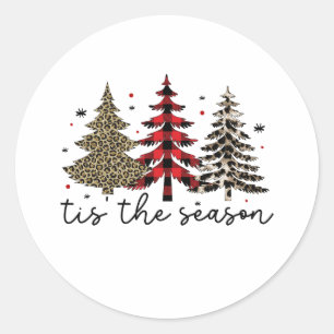 Sticker Rond "Tis the Season" Plaid Leopard Christmas Trees