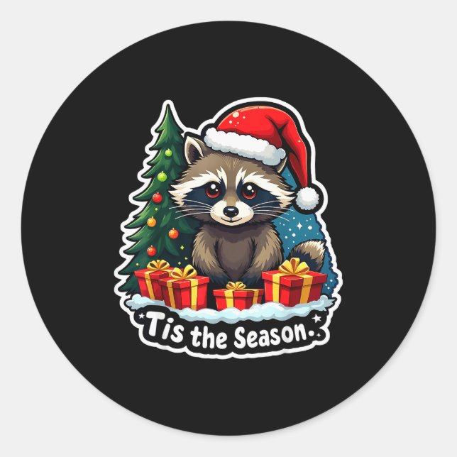 Sticker Rond Tis The Season Racoon Christmas Tree Festive Xmas  (Devant)