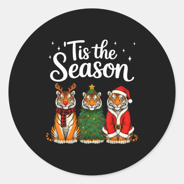 Sticker Rond Tis The Season Tiger Christmas Santa Safari Animal (Devant)