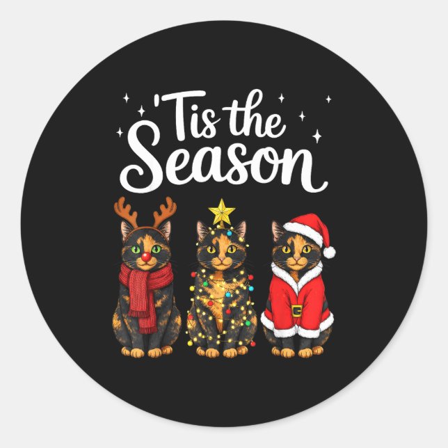 Sticker Rond Tis The Season Tortoiseshell Cat Christmas Santa  (Devant)