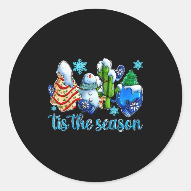 Sticker Rond Tis The Season Winter And Snowman Christmas Family (Devant)