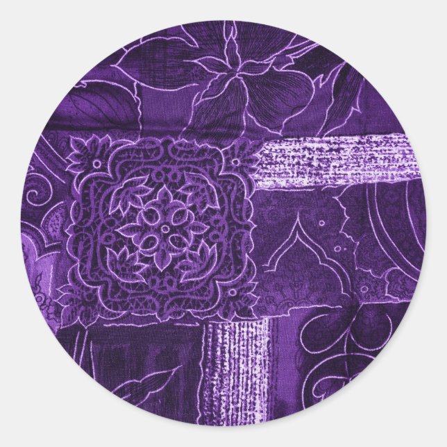 Sticker Rond Tissu de Patchwork Floral Violet (Devant)