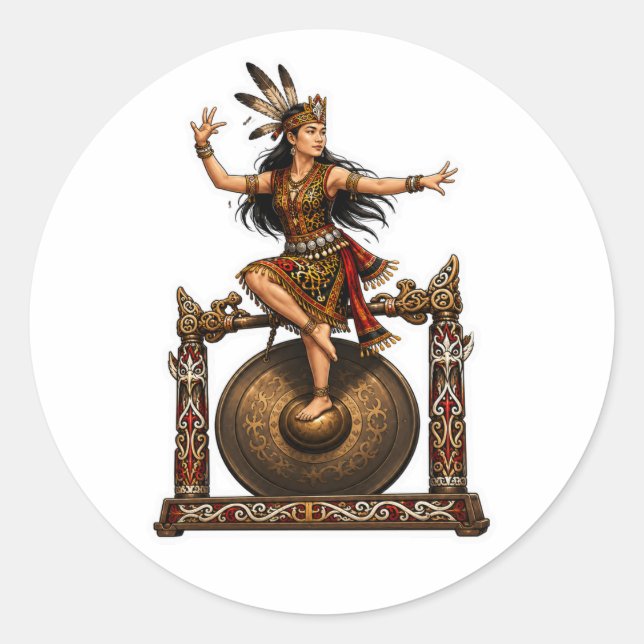 Sticker Rond TITLE DANSEUSE TRIBALE DAYAK SUR UN GOSticker TRAD (Devant)