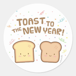 Sticker Rond Toast Mignon pour la Nouvelle Année Pun Humour Con