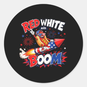 Sticker Rond Toddler Hot Dog 4 juillet Drôle Rouge Blanc Boom B