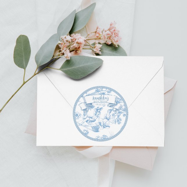 Sticker Rond Toile bleue et blanche de Jouy Fête des mariées (Créateur téléchargé)