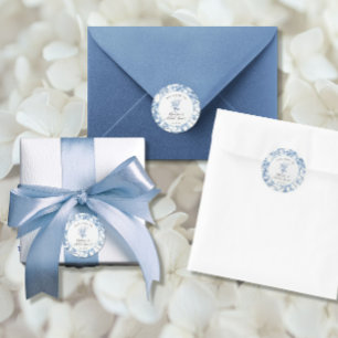 Sticker Rond Toile Bleue et Blanche Élégante Florale Mariage Sh