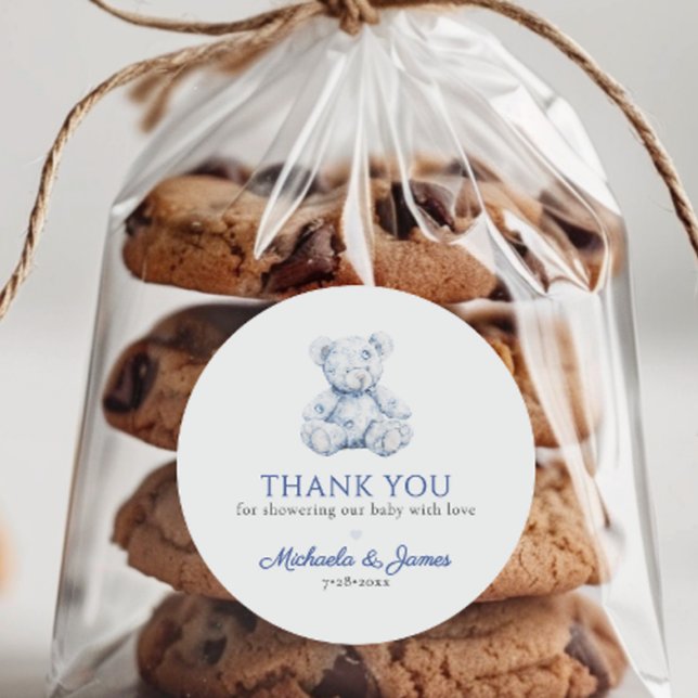 Sticker Rond Toile Bleue Teddy Ours Garçon Baby shower Favorise (Créateur téléchargé)