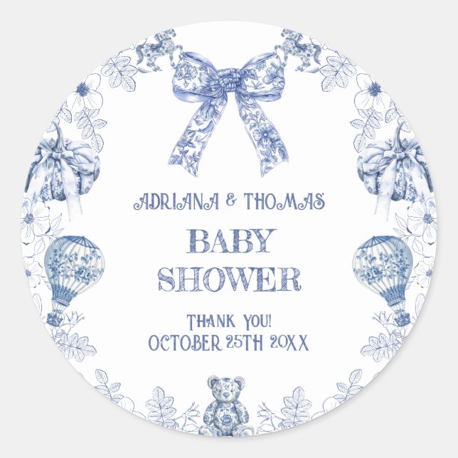 Sticker Rond Toile de jouy baby shower merci (Devant)