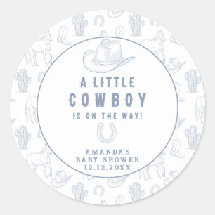 Sticker Rond Toile de Jouy Bleu Cowboy Occidental Baby Shower