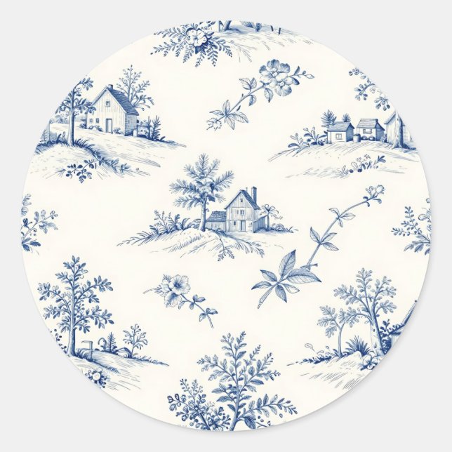 Sticker Rond Toile de Jouy Countryside Seamless Pattern (Devant)