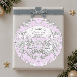 Sticker Rond Toile de Jouy fleuri lac rose monogramme vintage
