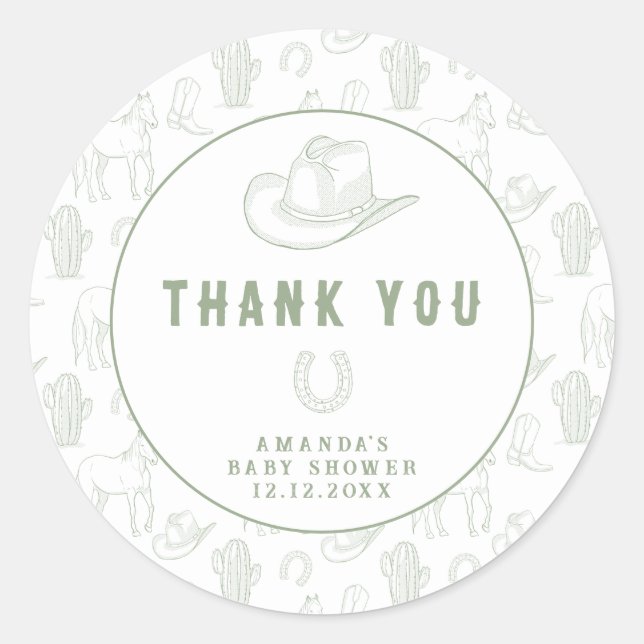 Sticker Rond Toile de Jouy Green Cowboy Baby shower occidental (Devant)