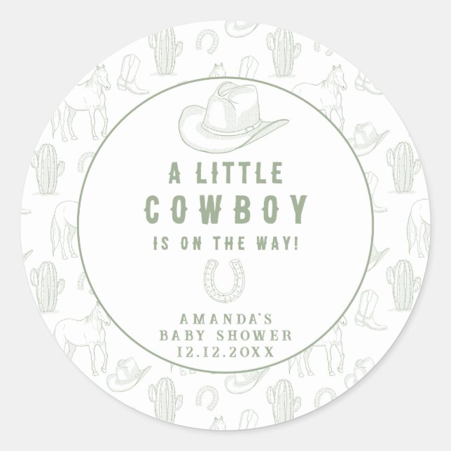 Sticker Rond Toile de Jouy Green Cowboy Baby shower occidental (Devant)