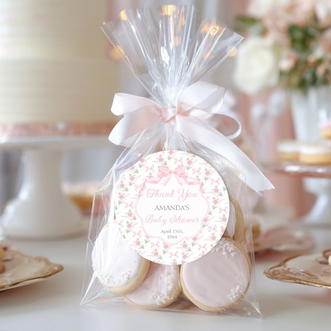 Sticker Rond Toile De Jouy Pink Bow Girl Baby Shower (Créateur téléchargé)