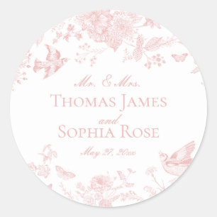 Sticker Rond Toile de Jouy Rose Vintage Fleurs Mariage
