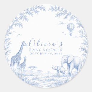 Sticker Rond Toile De Jouy Safari Bleu Baby Shower