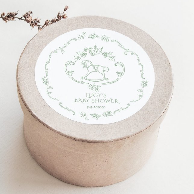 Sticker Rond Toile de Jouy Sage Green Baby shower à cheval à ro (Créateur téléchargé)