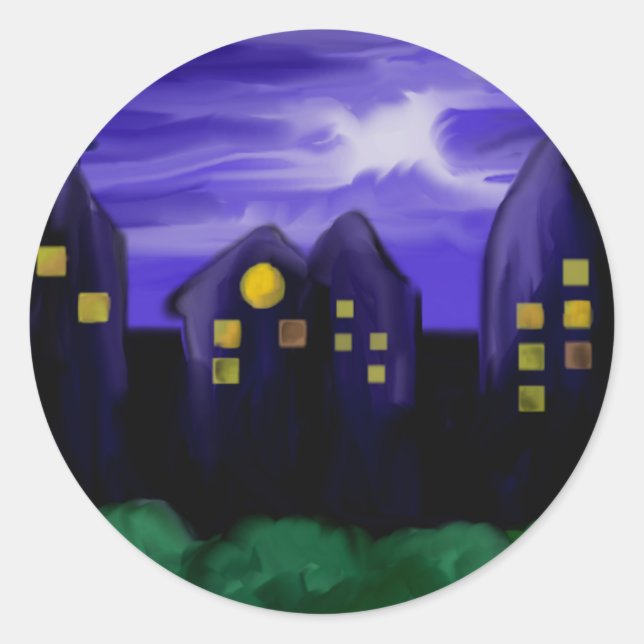 Sticker Rond Toile de la ville de ciel nocturne (Devant)