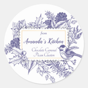 Sticker Rond Toile de Noël vintage, cônes de pin oiseaux