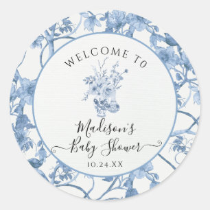 Sticker Rond Toile Floral Bleu et blanc Baby shower élégant