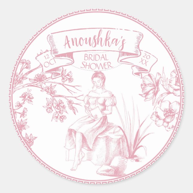Sticker Rond Toile rose et blanche de Jouy Fête des mariées (Devant)