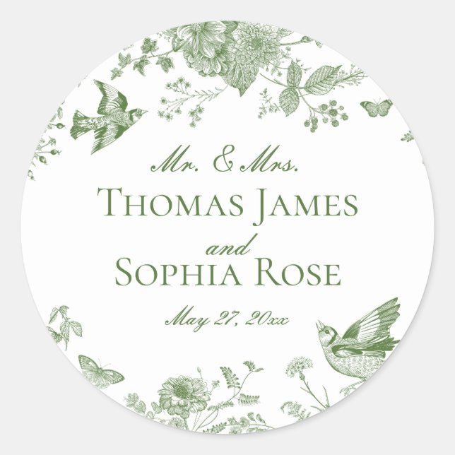 Sticker Rond Toile Verte De Jouy Vintage Mariage Floral Favoris (Devant)