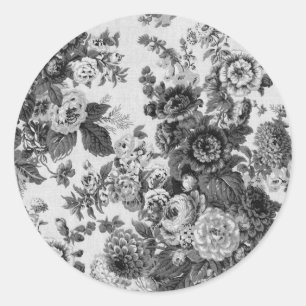 Sticker Rond Toile Vintage Florale Noir & Blanc Gris No. 3