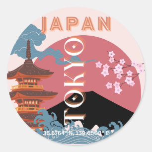Sticker Rond Tokyo Japan Travel Art, Retro Travel Art