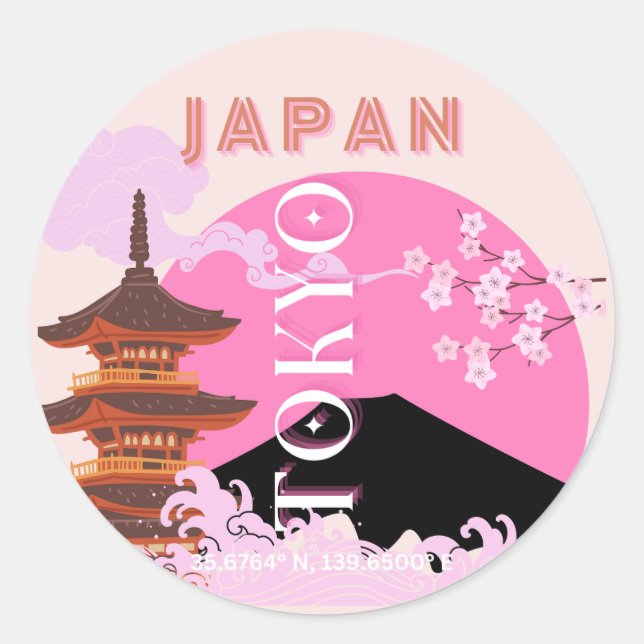 Sticker Rond Tokyo Japan Travel Art, Retro Travel Art, Rose (Devant)