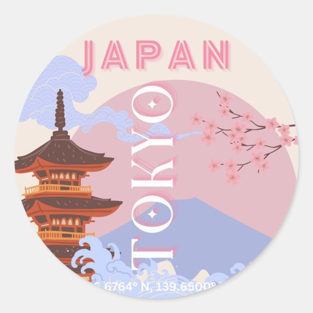 Sticker Rond Tokyo Japan Travel Art, Retro Travel Art, Rose (Devant)