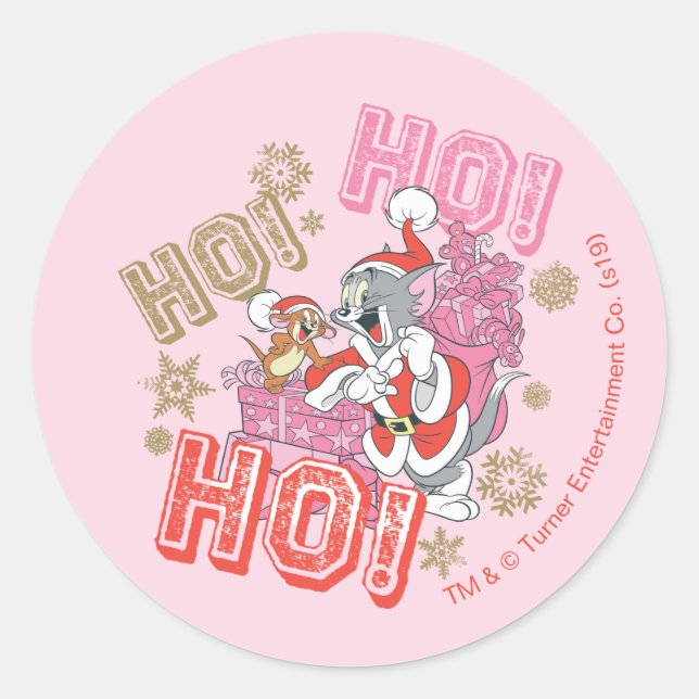 Sticker Rond Tom et Jerry "Ho ! Ho ! Ho !" Livraison de cadeaux (Devant)