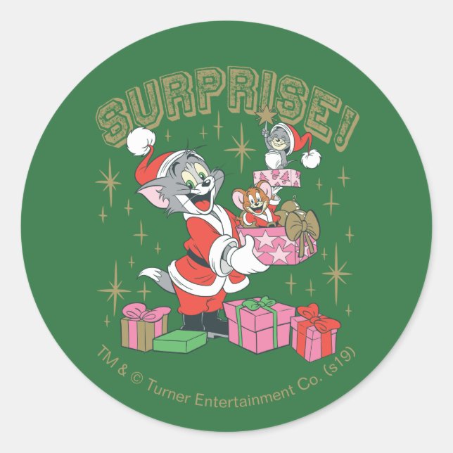 Sticker Rond Tom, Jerry et Nibbles Holiday Surprise (Devant)