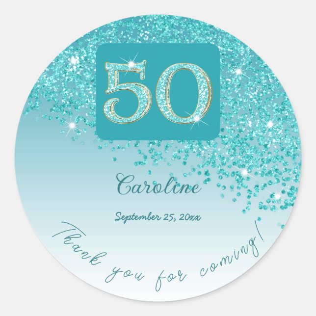 Sticker Rond Tomber Parties scintillant bleue Turquoise, 50e an (Devant)