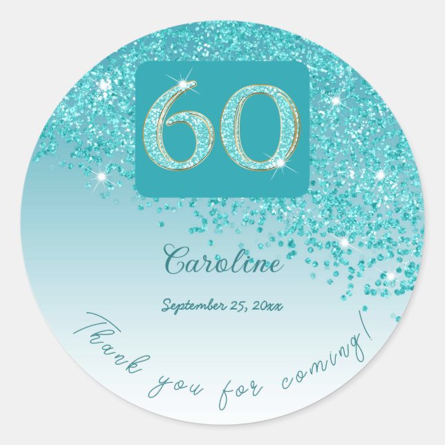 Sticker Rond Tomber Parties scintillant bleue Turquoise, 60e an (Devant)