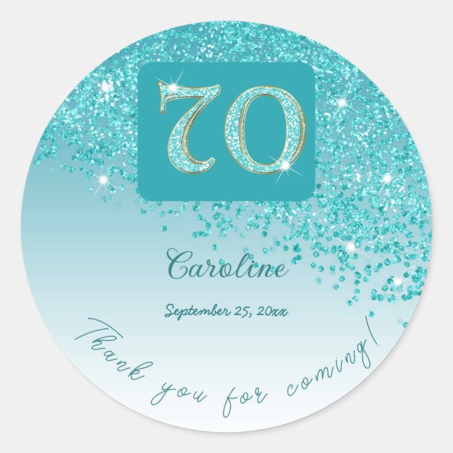 Sticker Rond Tomber Parties scintillant bleue Turquoise, 70e an (Devant)