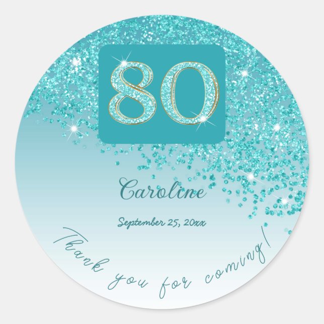 Sticker Rond Tomber Parties scintillant bleue Turquoise, 80e an (Devant)