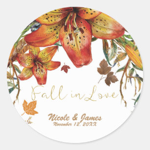 Sticker Rond Tombez amoureux des lys et feuilles orange floraux