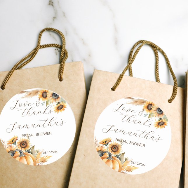 Sticker Rond Tombez amoureux des tournesols citrouille boho mer (Fall in love boho pumpkin sunflowers bridal shower thank you favor stickers fall themed earthy desrt)