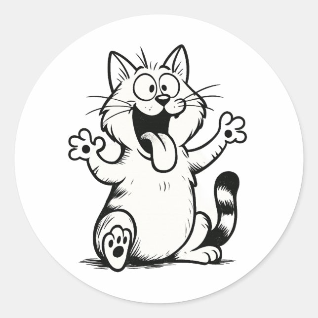 Sticker Rond "Tongue Out, Paws Up!" – Funny Cartoon Cat (Devant)