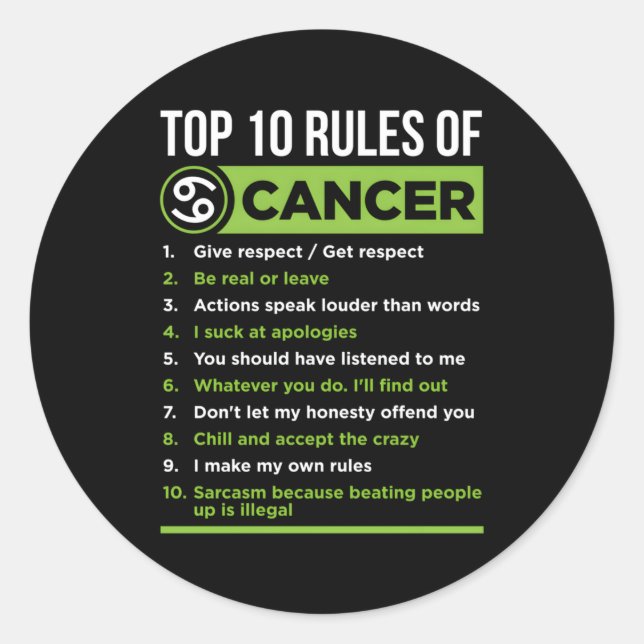 Sticker Rond Top 10 Règles Du Cancer Zodiac Faits Traits Horosc (Devant)