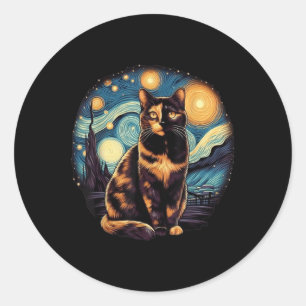 Sticker Rond Tortoiseshell Tortie Stress Night Kitty Cat Art