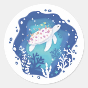 Sticker Rond Tortue avec coraux dans l'art du papier océanique