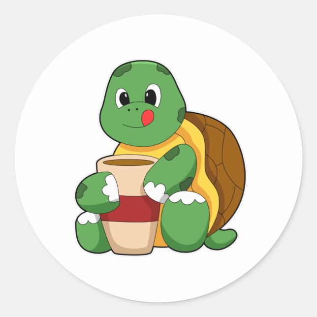 Sticker Rond Tortue avec tasse de café (Devant)